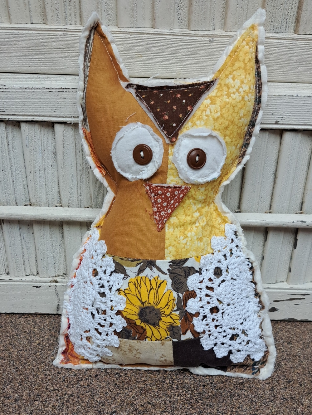 Handmade Patchwork Owl Pillow - Yellow & Brown